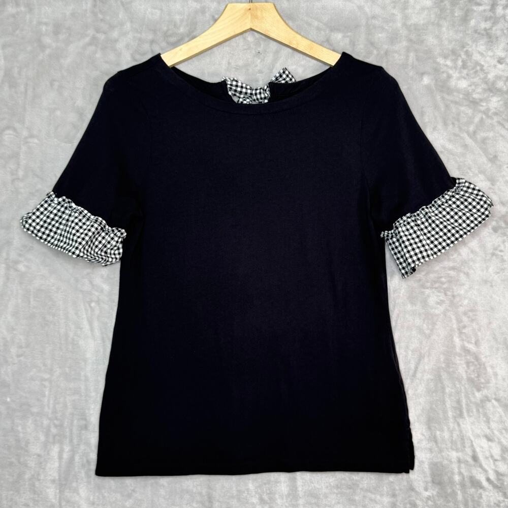 Talbots Shirt Womens Petite Medium Black Gingham Ruffle Sleeve Back Tie T Shirt
